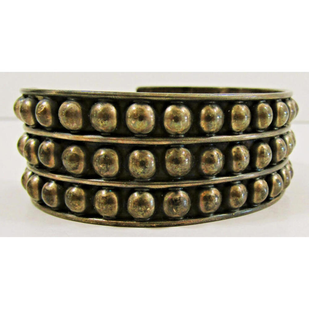 Vintage Taxco Sterling Silver Studded Three Row Bead Bracelet - Picture 6 of 8